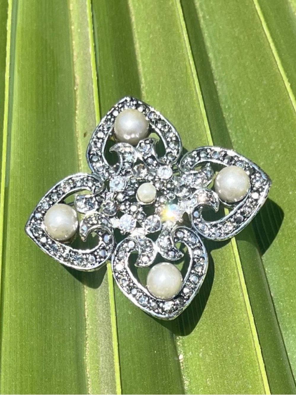 Kenneth Cole Pearl Crystal and Silver Floral Statement Brooch